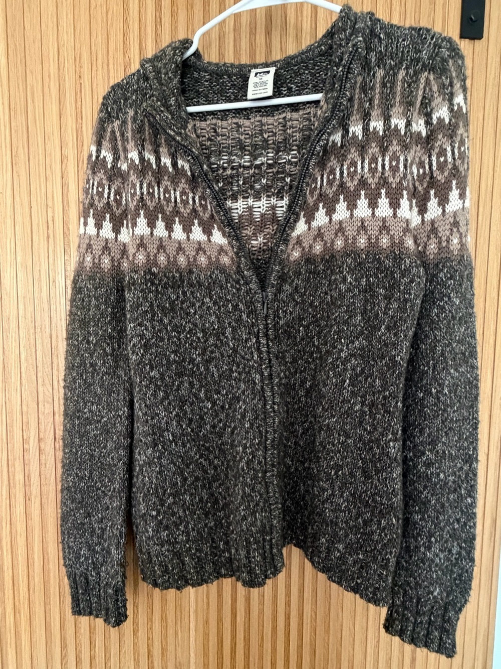 REI CO-OP Wool Blend Fair Isle Full Zip Hoodie Sweater Nordic Gray Medium M